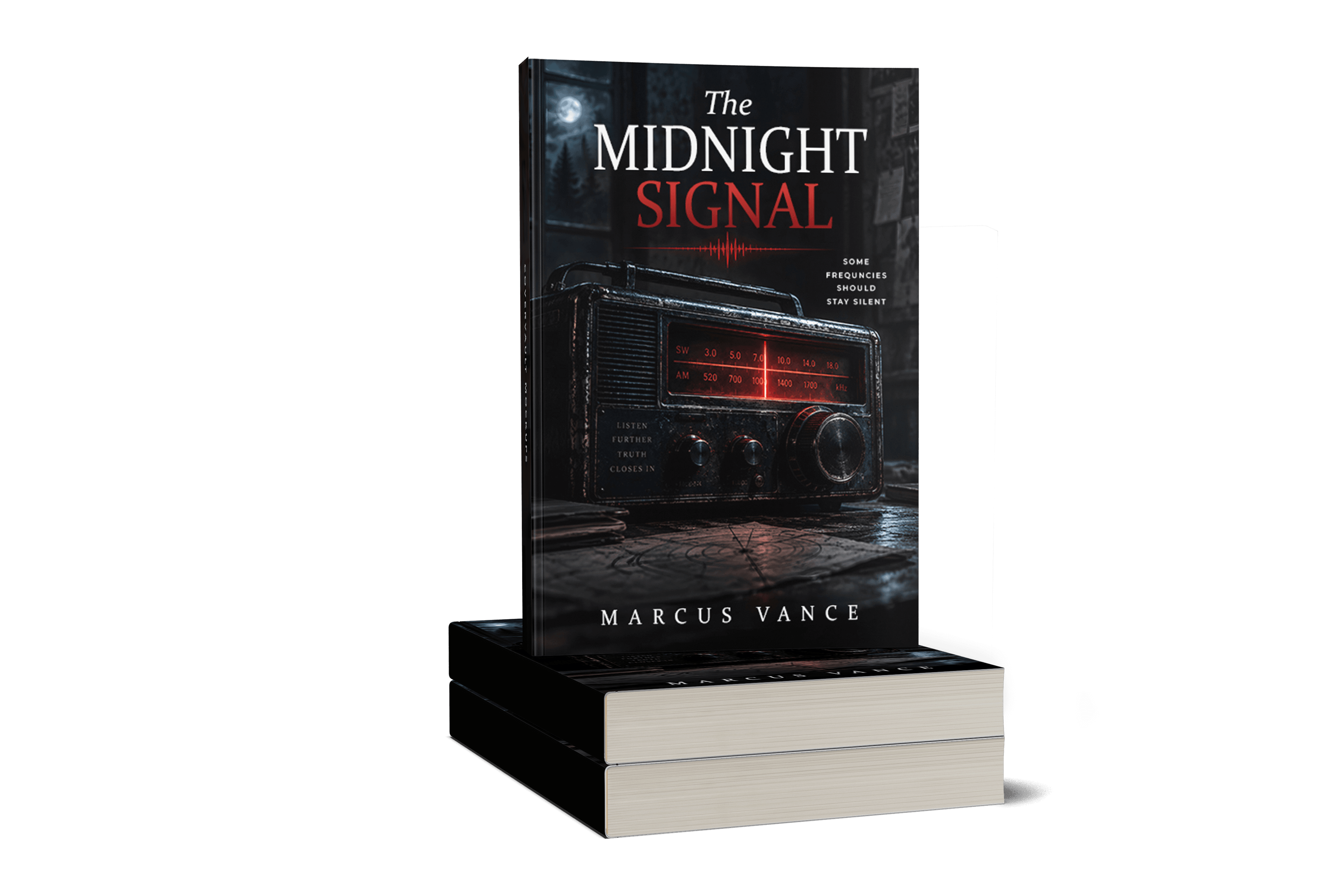The Midnight Signal paperback mockup, standing on a stack of books