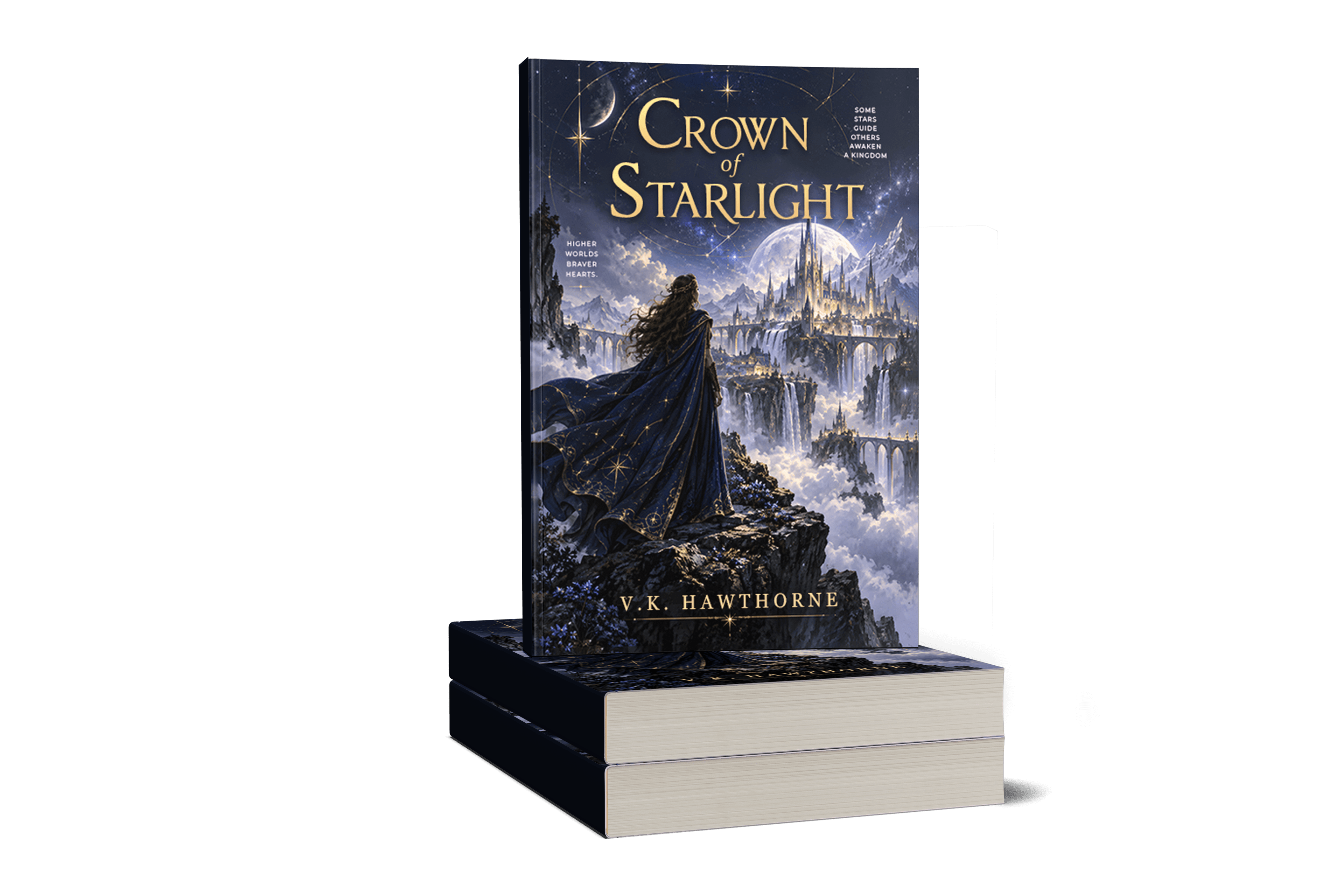 Crown of Starlight paperback mockup, standing on a stack of books