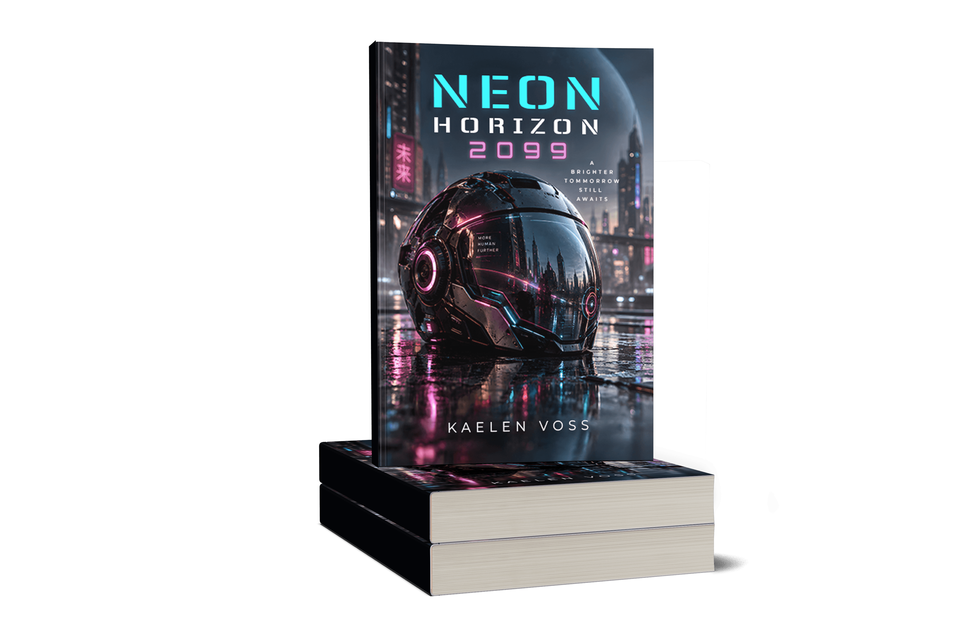 Neon Horizon 2099 paperback mockup, standing on a stack of books
