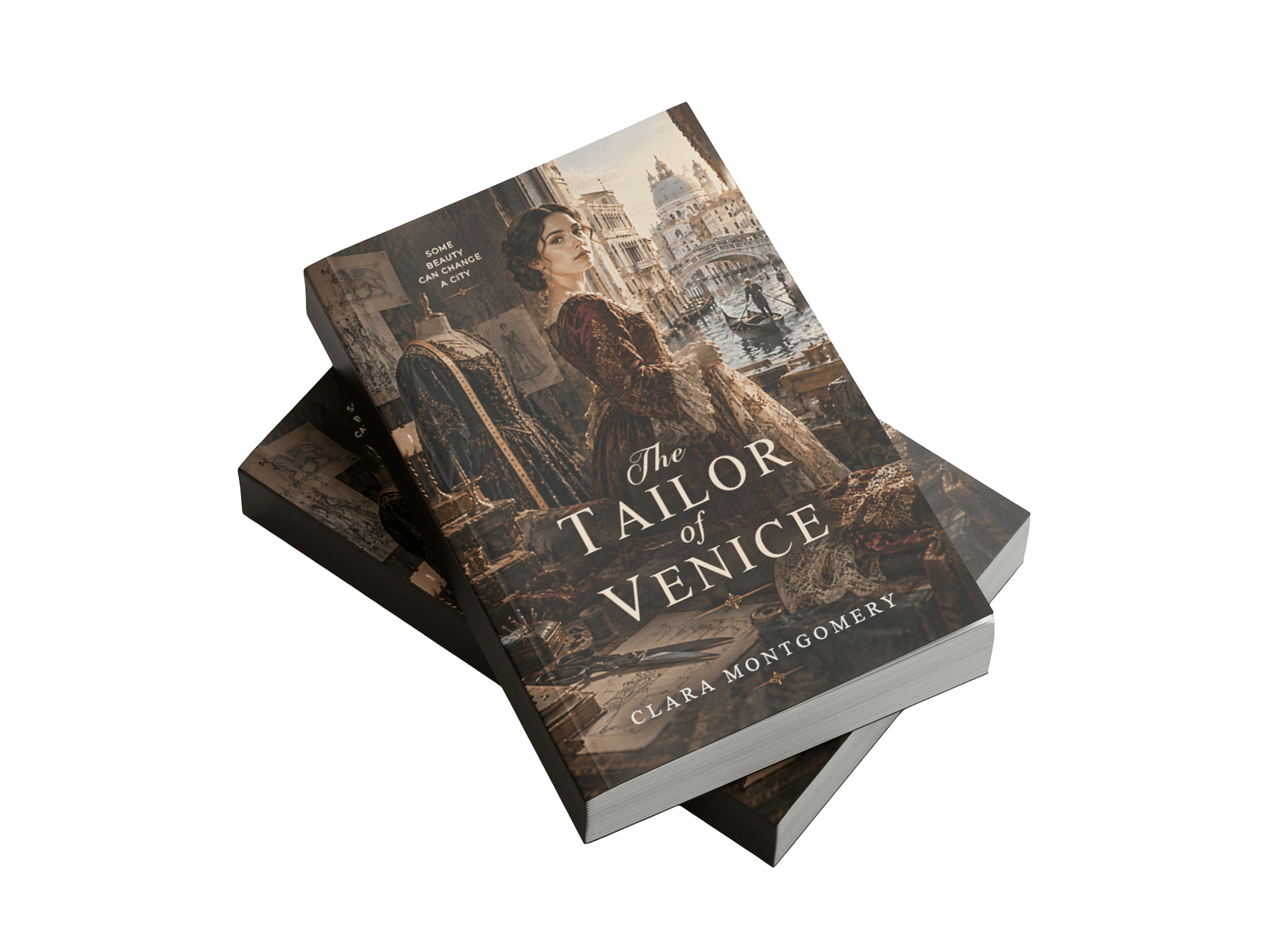The Tailor of Venice paperback mockup lying at an angle on a second copy