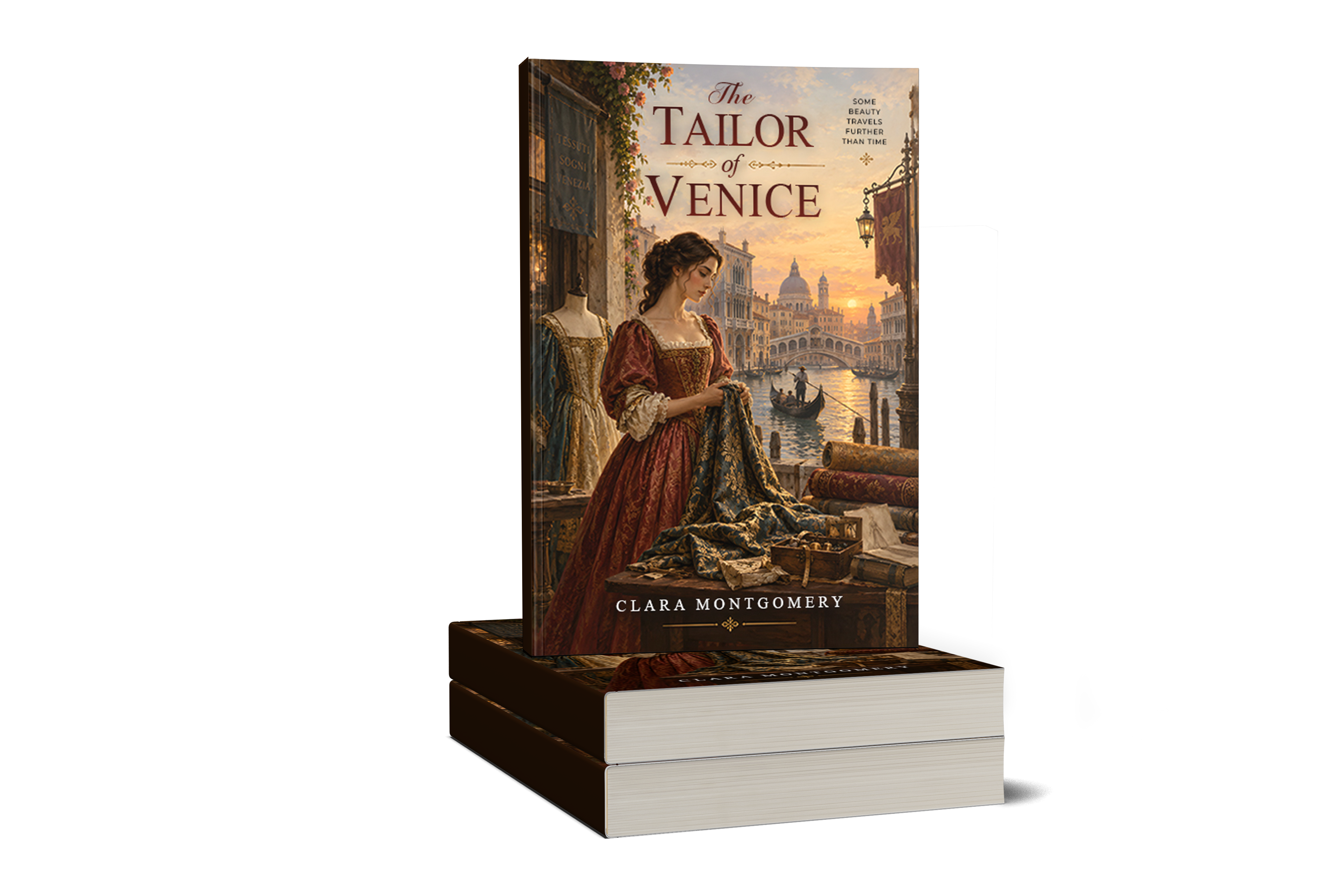 The Tailor of Venice paperback mockup, standing on a stack of books