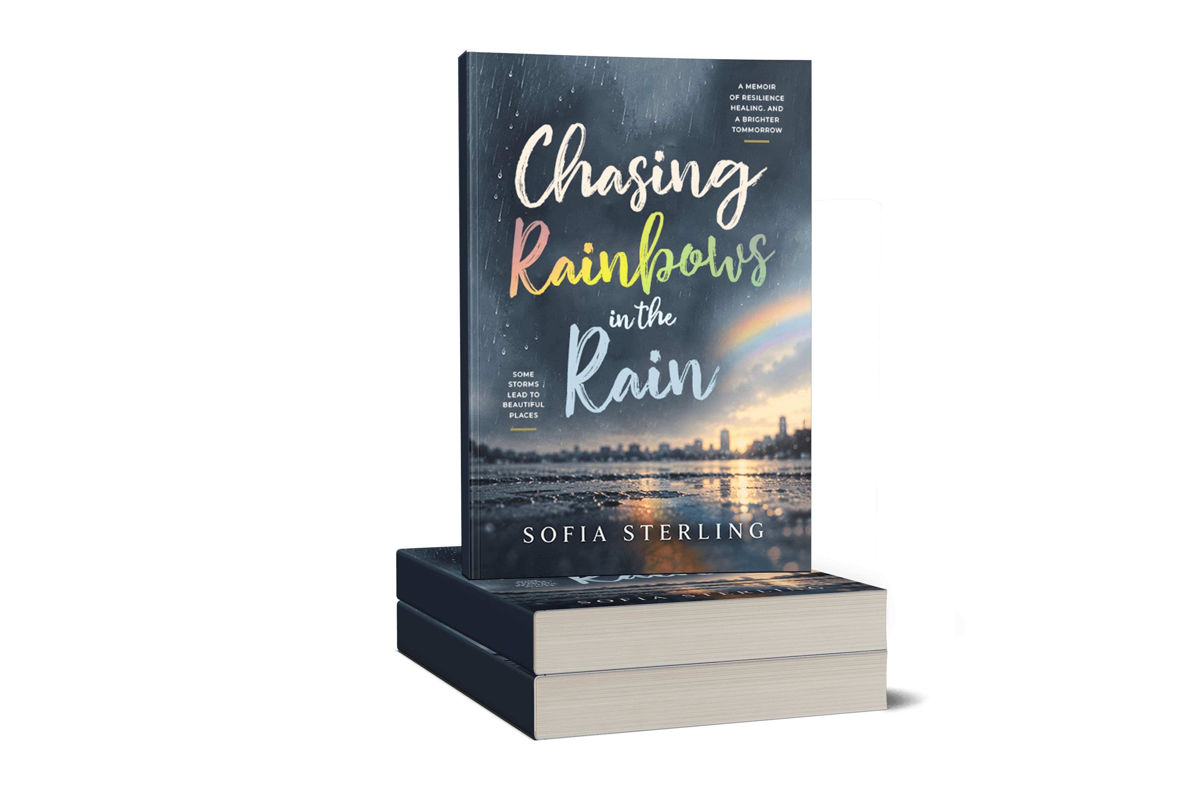 Chasing Rainbows in the Rain paperback mockup, standing on a stack of books