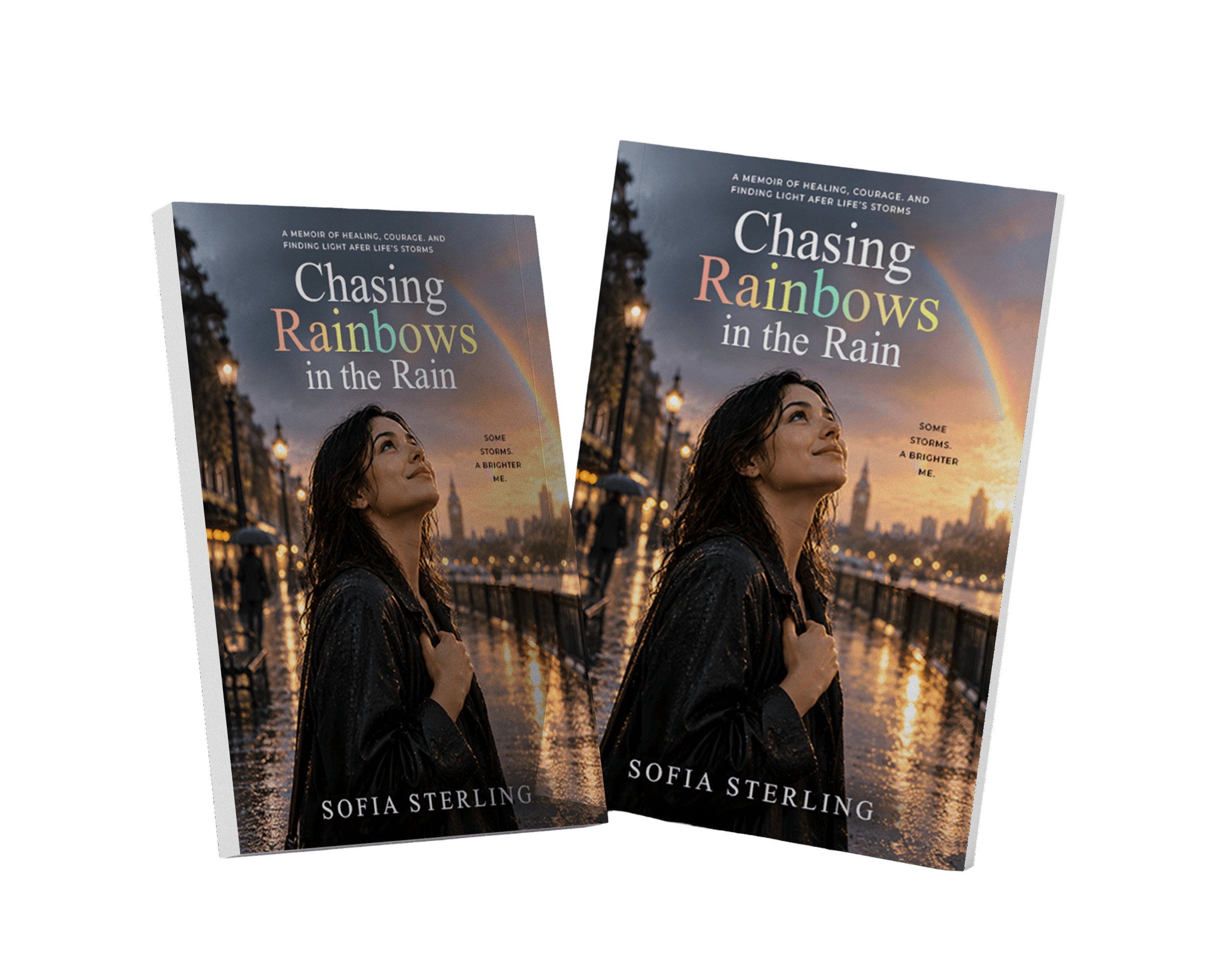 Chasing Rainbows in the Rain print mockup showing the front and back of the book