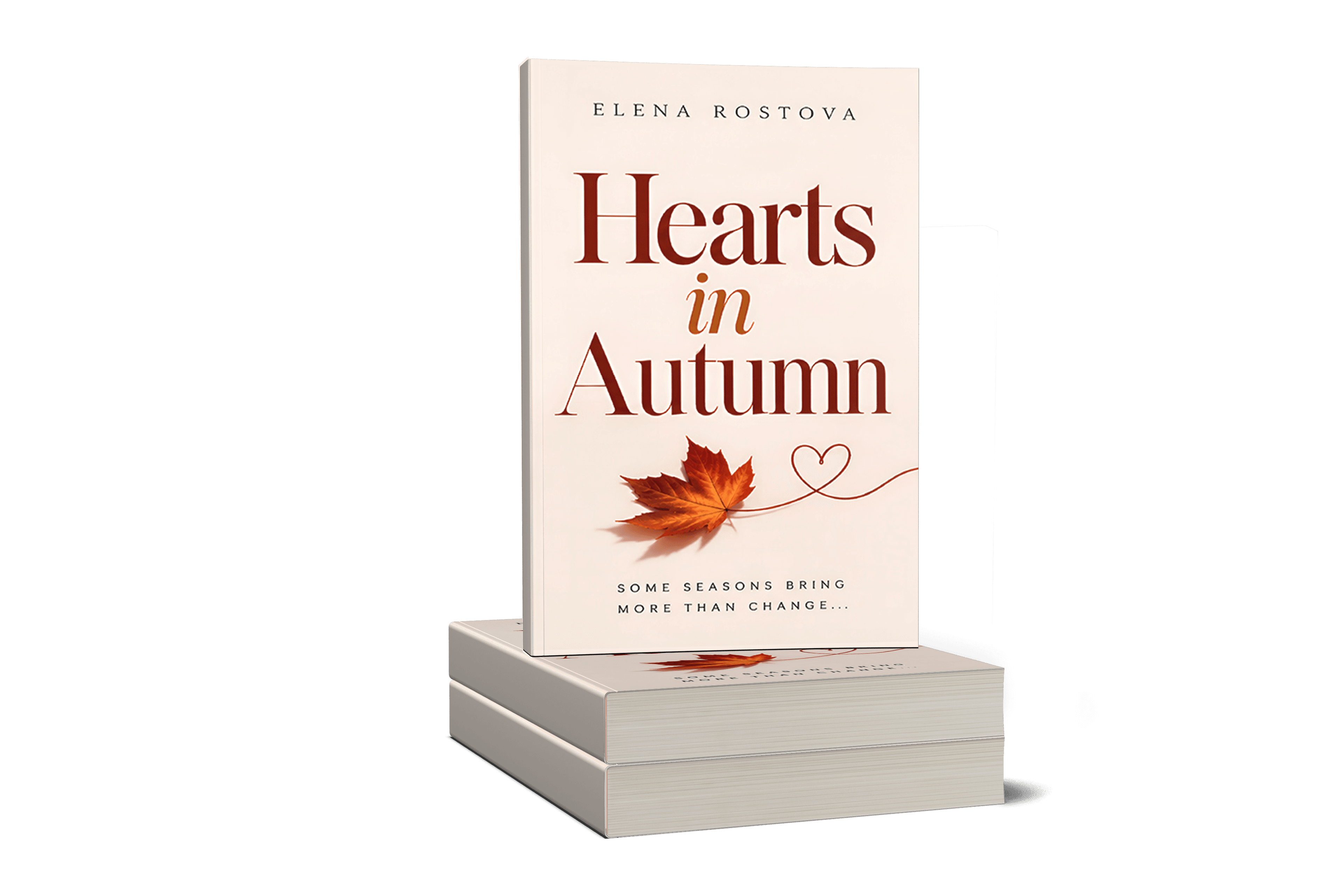 Hearts in Autumn paperback mockup, standing on a stack of books