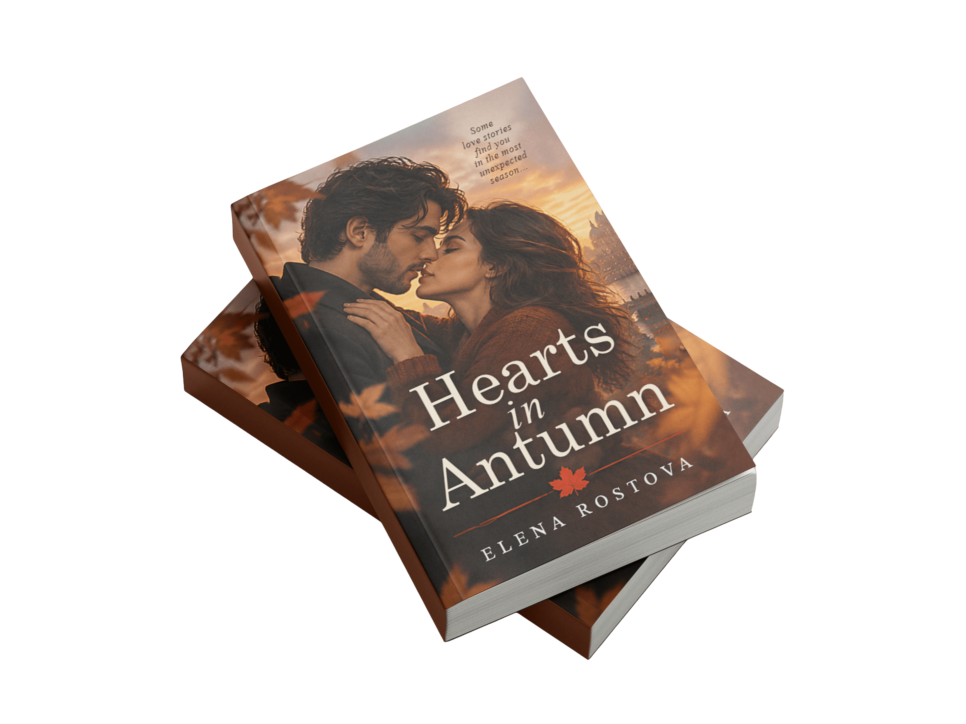 Hearts in Autumn paperback mockup lying at an angle on a second copy