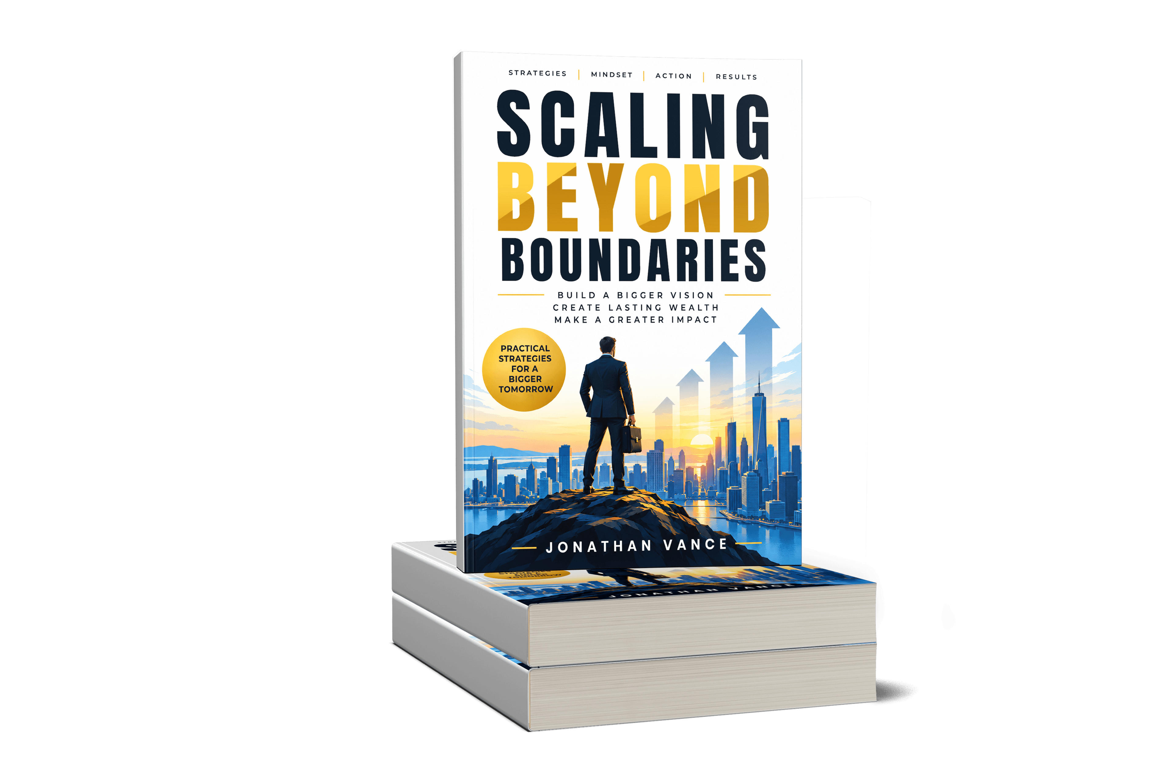 Scaling Beyond Boundaries paperback mockup, standing on a stack of books