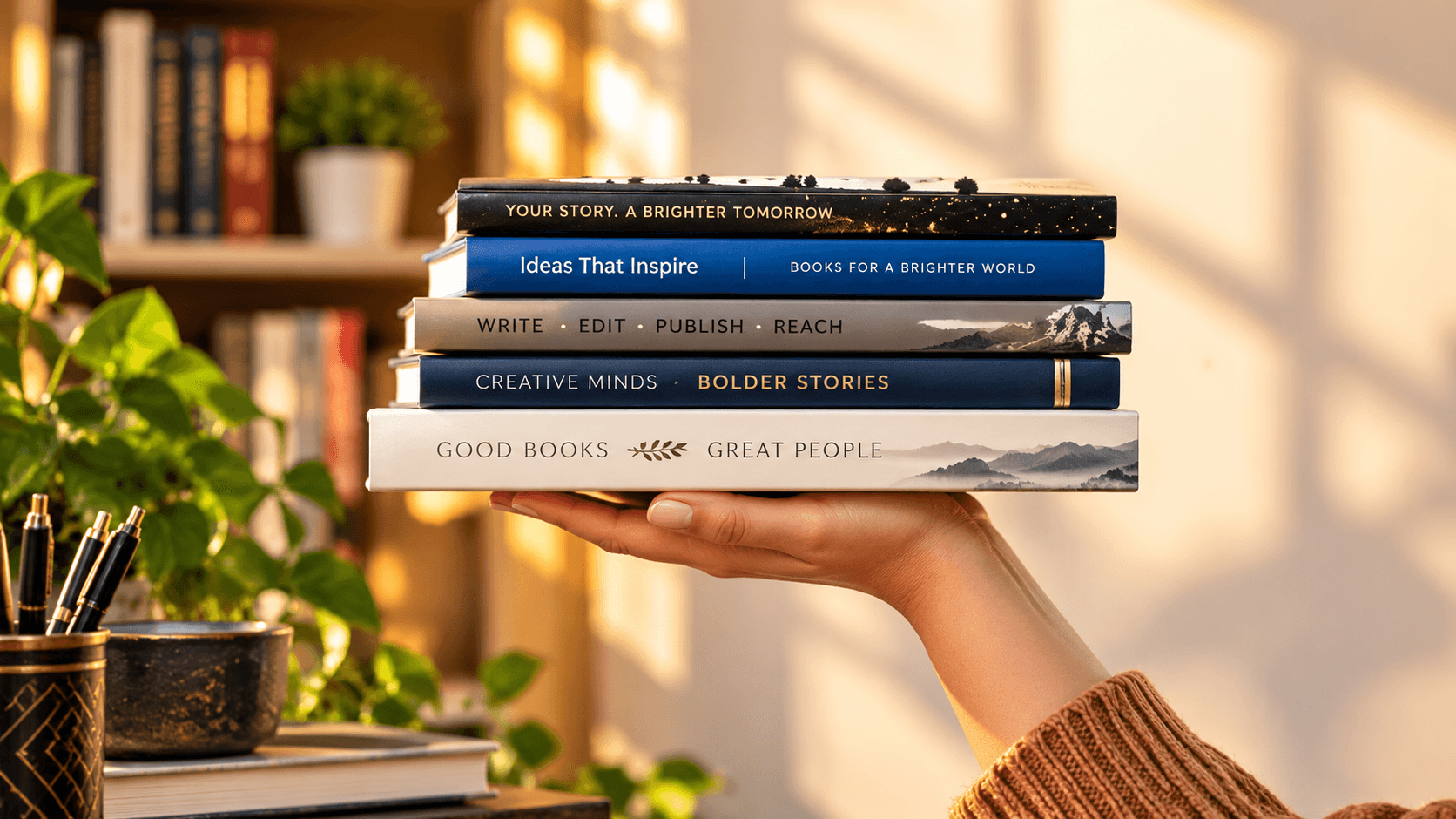 A hand holding a stack of books titled Write, Edit, Publish and Reach