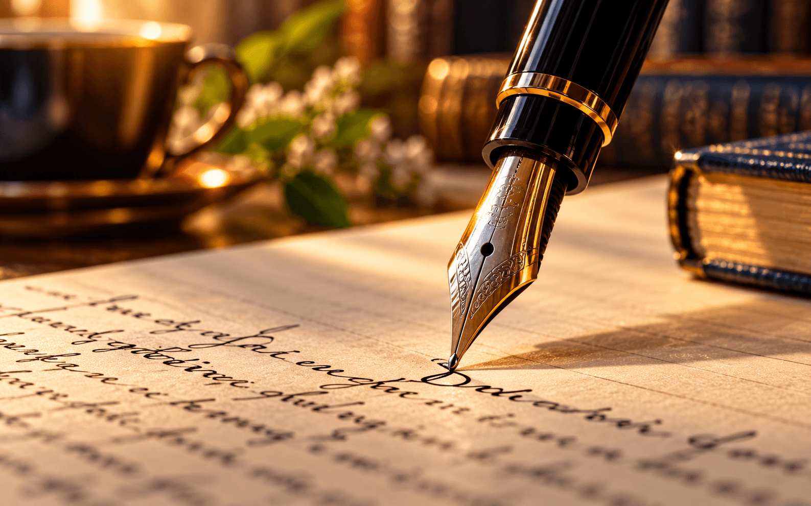 A gold fountain pen writing on cream paper beside a stack of books