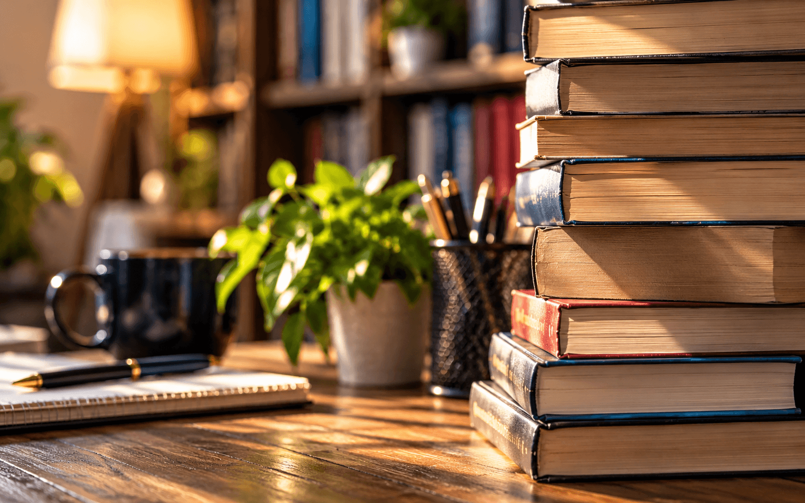 A neat stack of hardcover books on a warm wooden desk