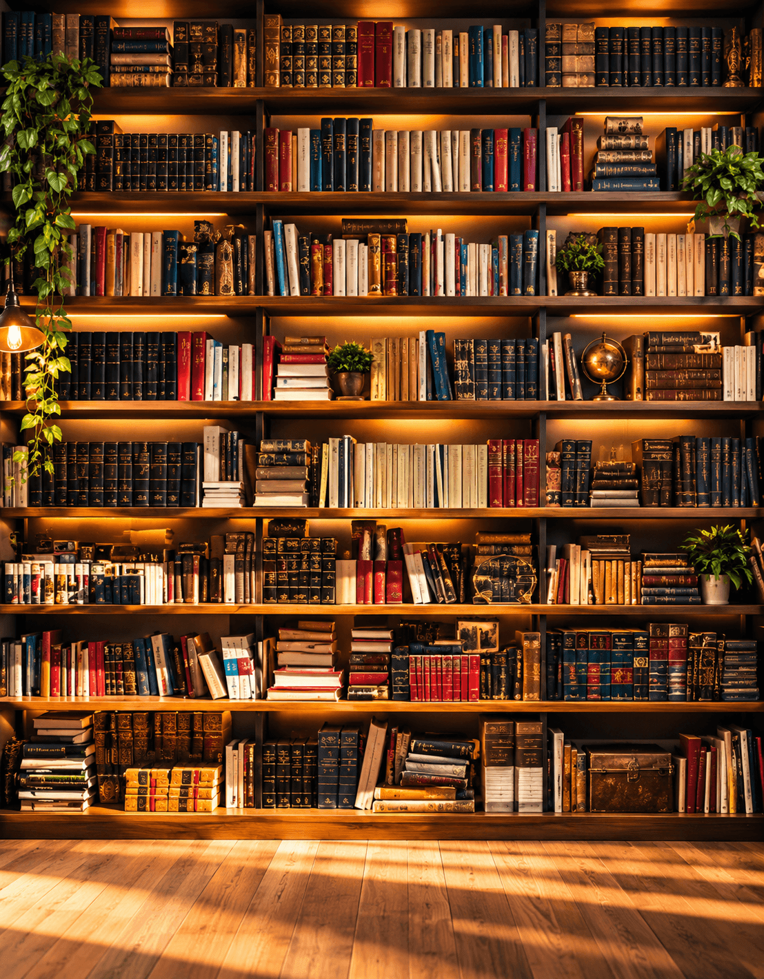Warmly lit library shelves filled with books