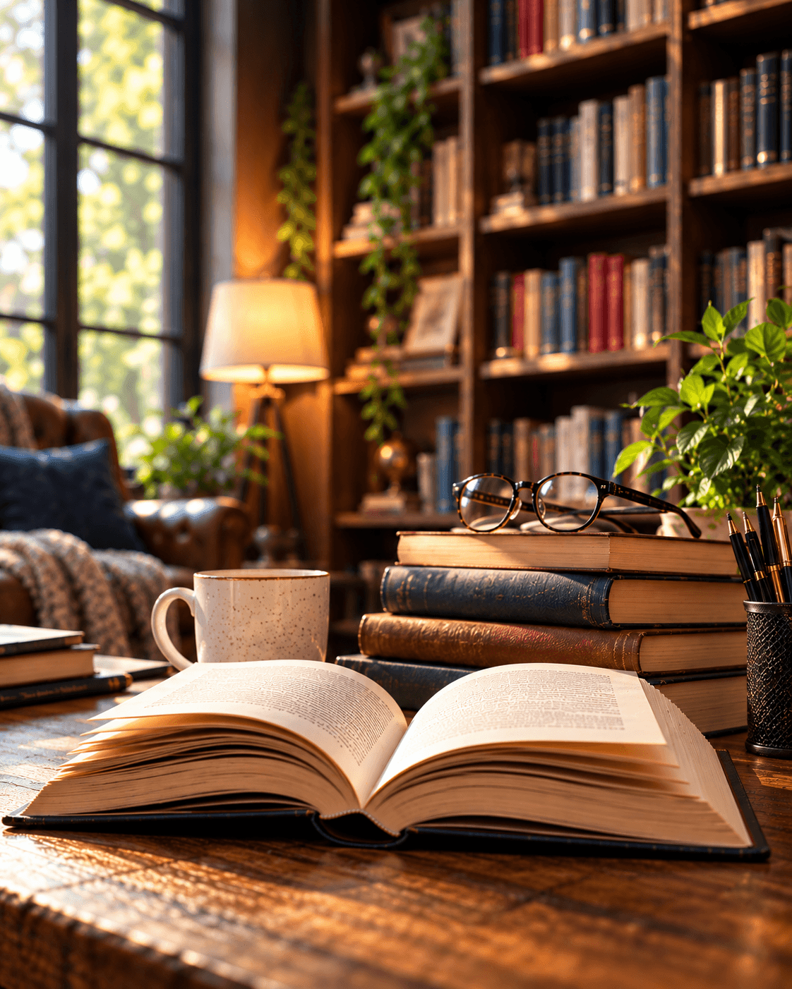 An open book and a cup of coffee on a desk in a sunlit library