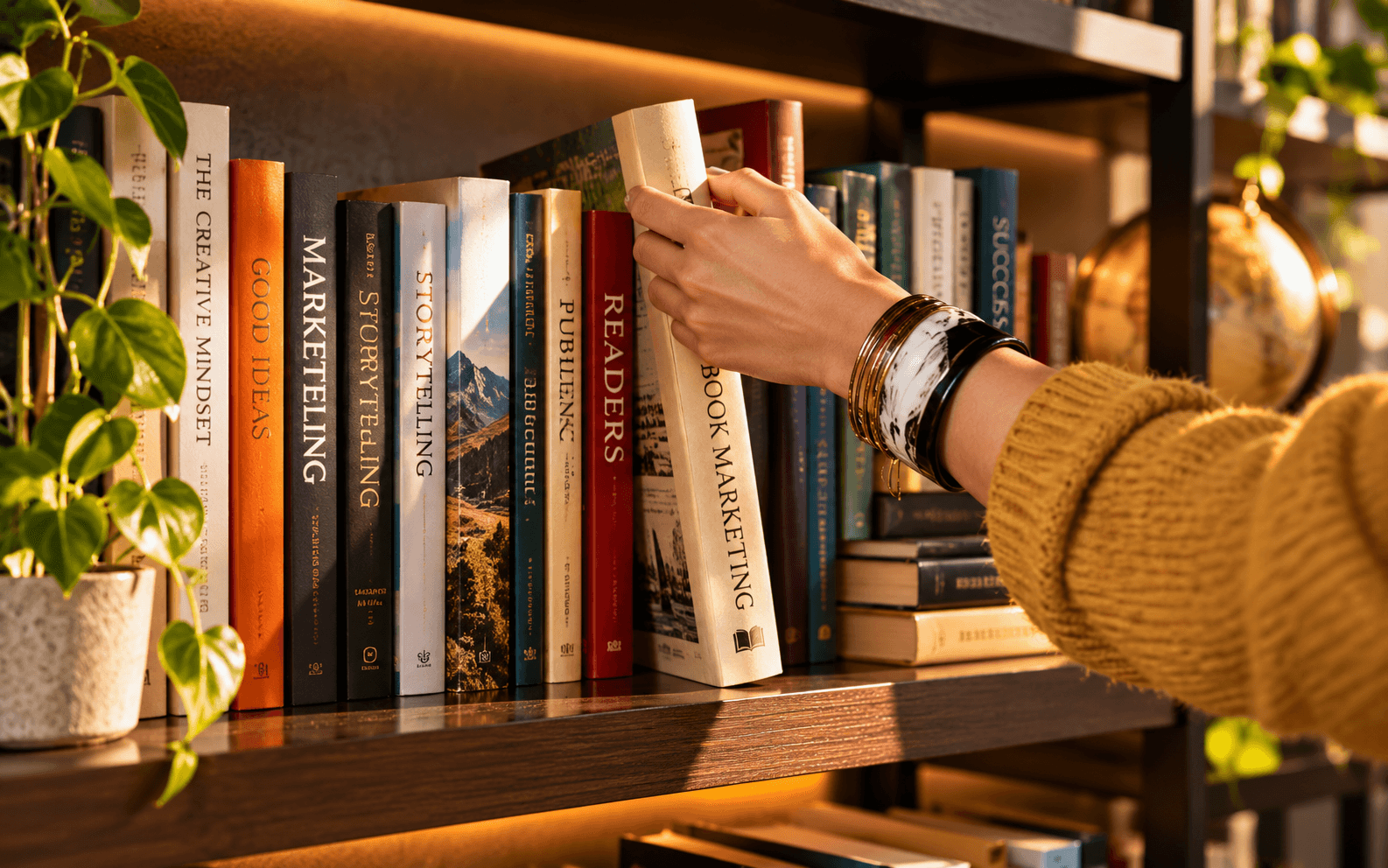 A reader pulling a book titled Marketing from a warmly lit bookshelf