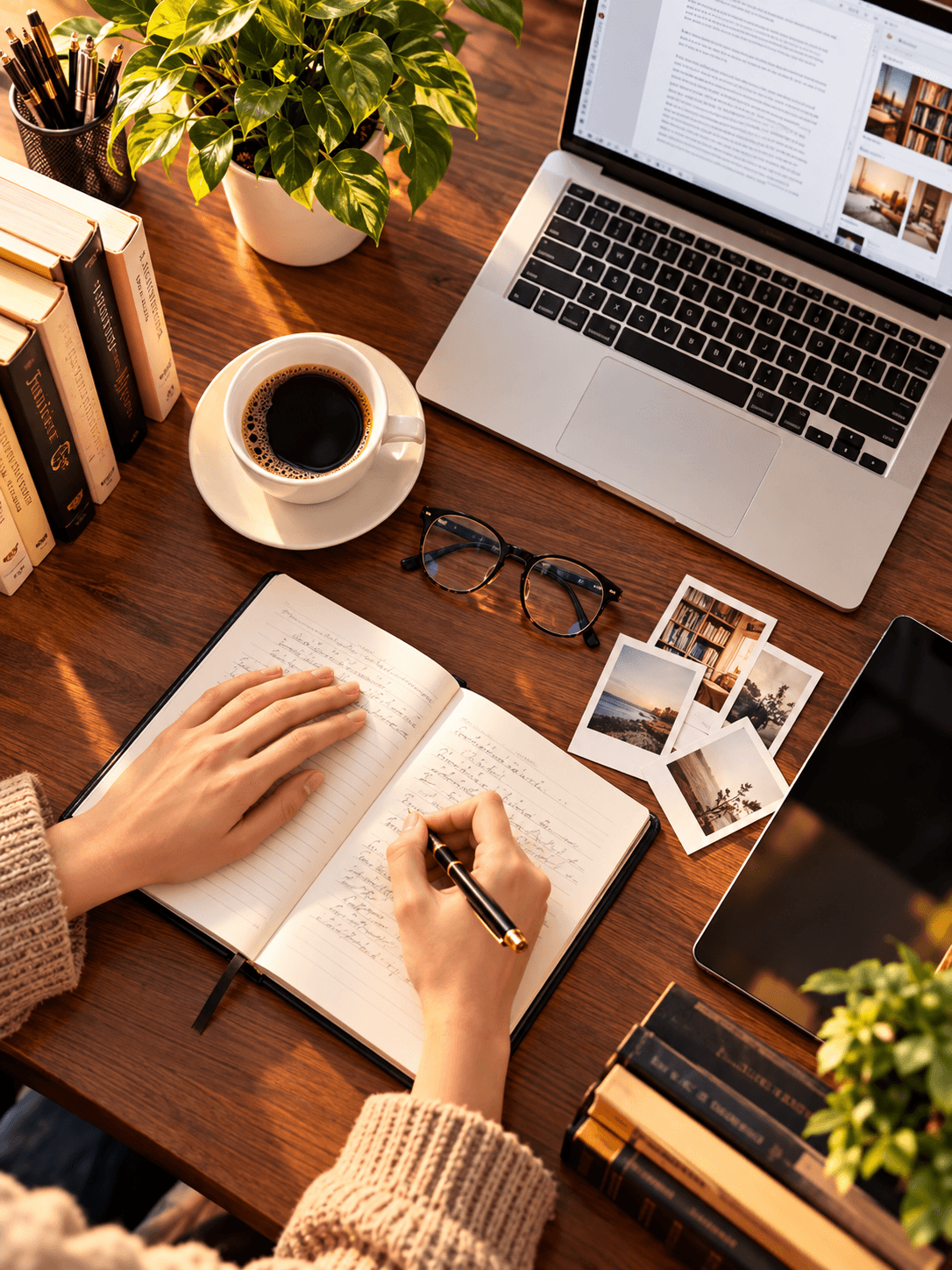 A writer journaling at a desk beside a laptop and coffee