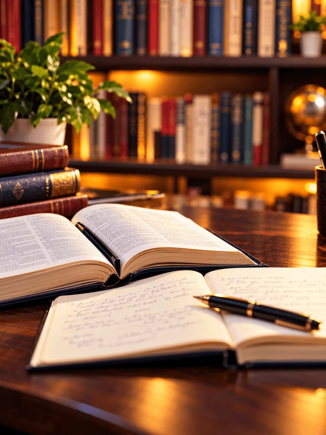 Open books and a fountain pen in a golden-hour reading nook