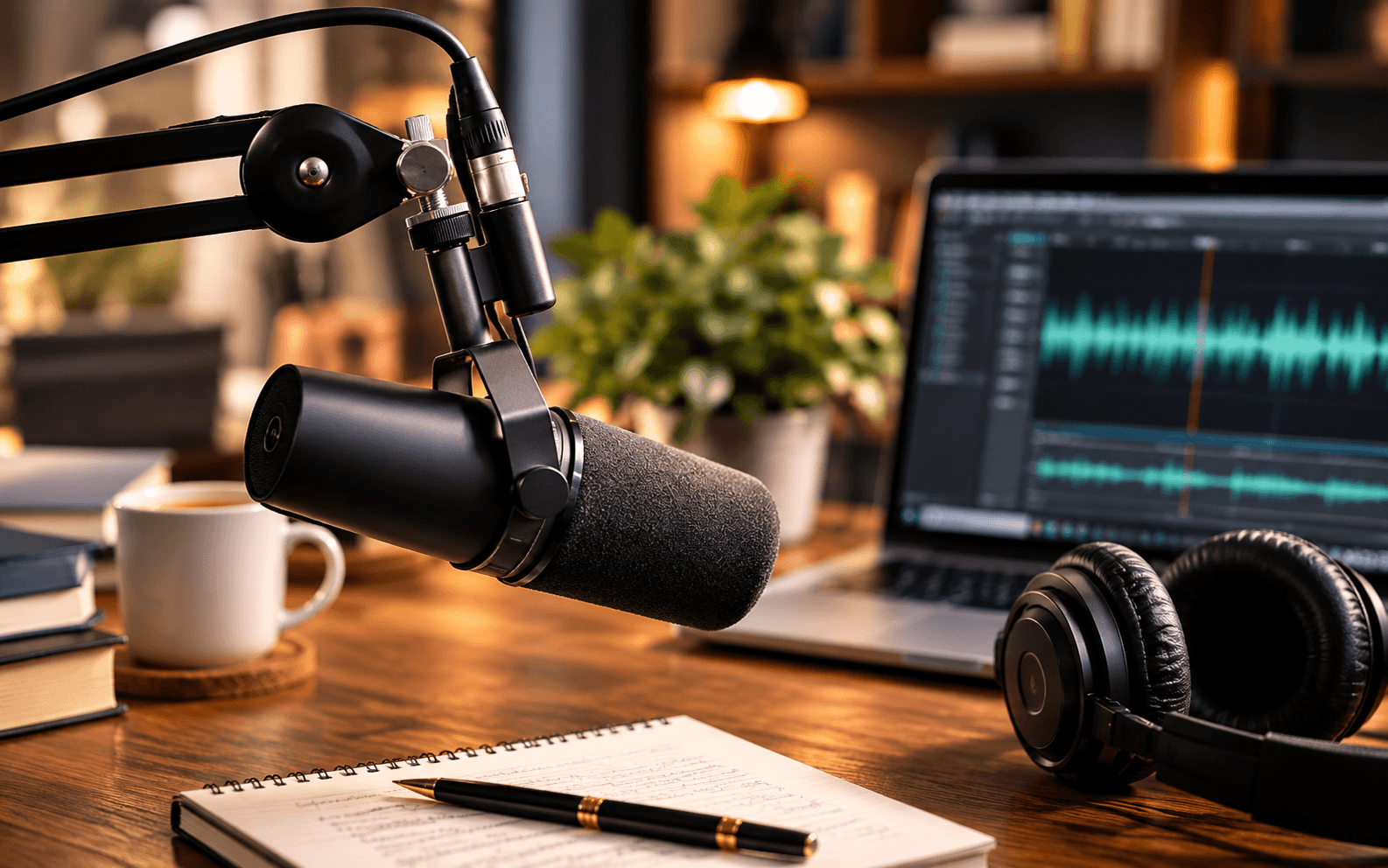 A studio microphone, headphones and an audio waveform on a laptop