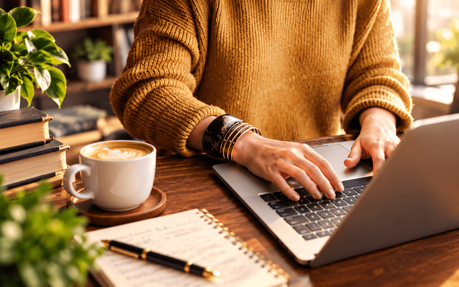 A writer typing on a laptop in a sunlit workspace