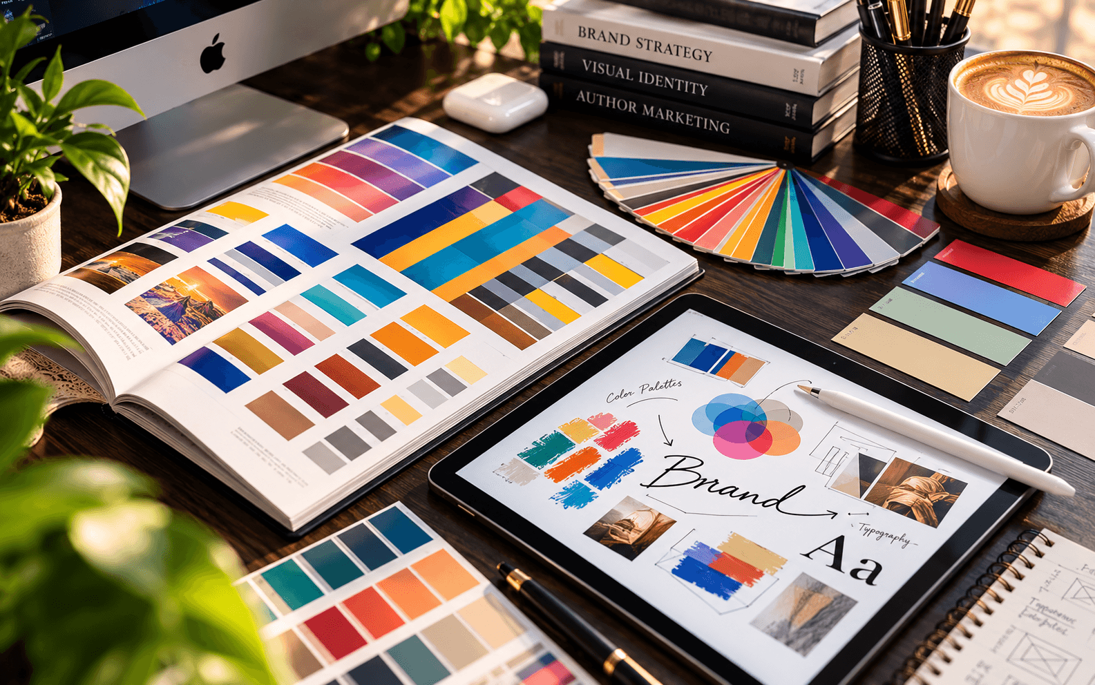 Brand colour palettes, swatches and a tablet showing a brand board