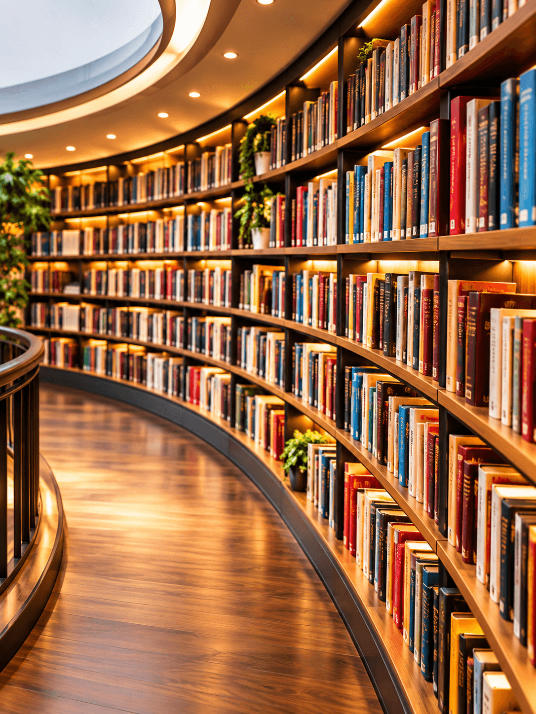 A curved aisle of warmly lit bookshelves in a modern library