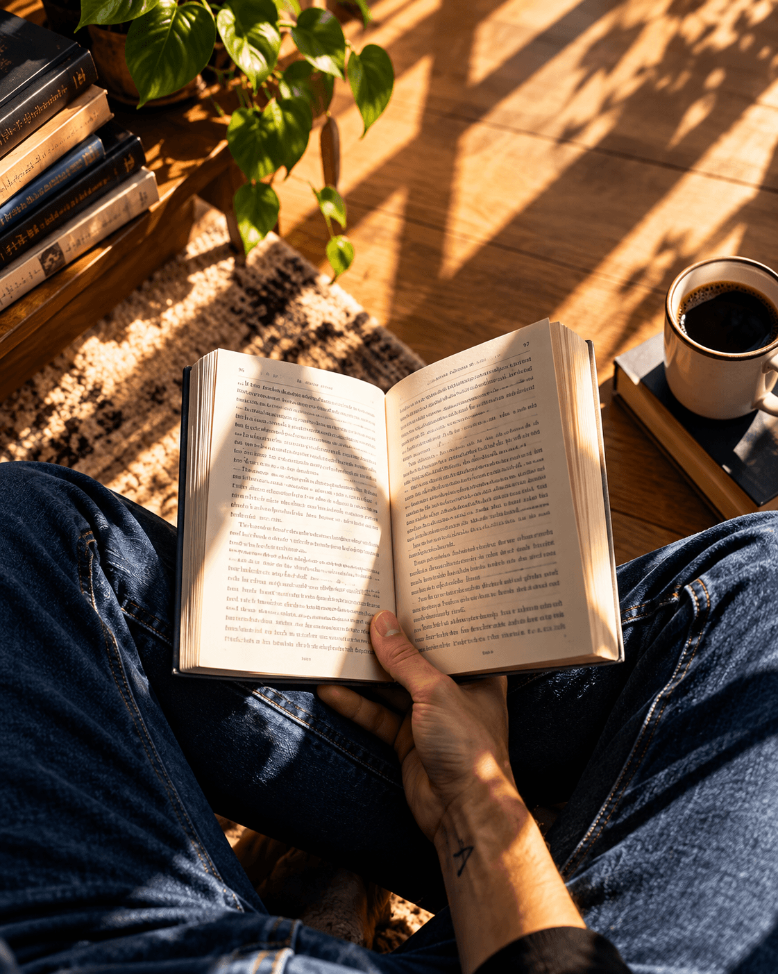 A reader holding an open book in a sunlit reading nook