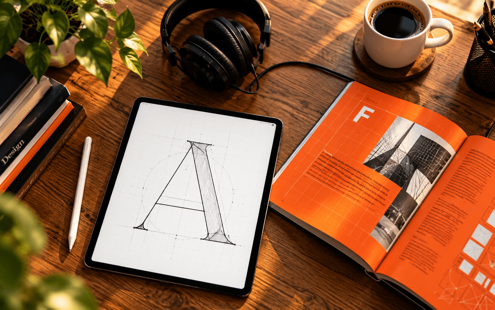 A tablet showing a hand-drawn letter A beside an open design magazine